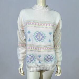 Vintage 80s Jolie Floral Fair Isle Mock Neck Sweater White Pastel USA Made S